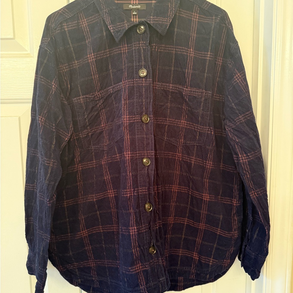 Madewell Corduroy Plaid Shirt in Navy and Pink